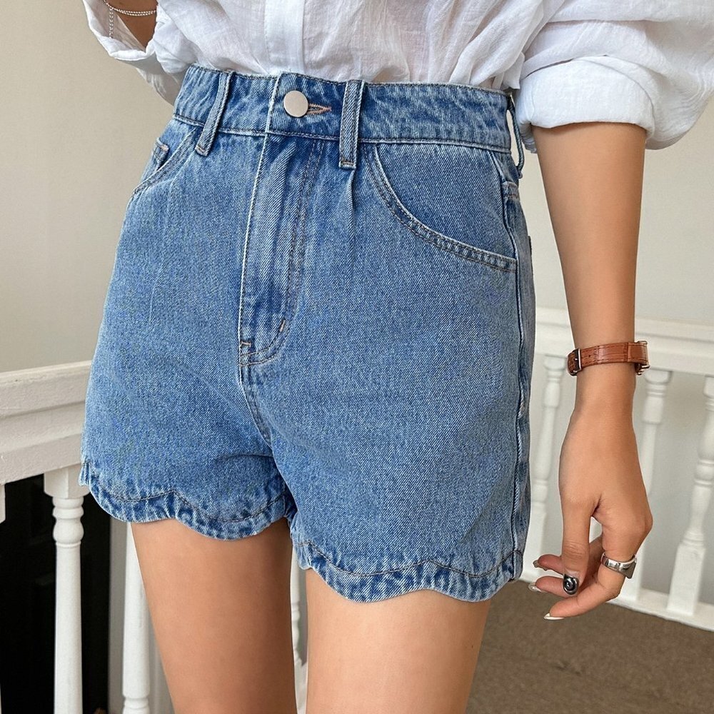 Blue Casual Womens Slant Pocket Scallop Trim Denim Shorts - Picture 5 of 5